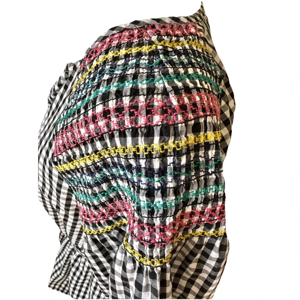 Madewell Embroidered Gingham Top Tassel Tie Peasant Puff Sleeve Plaid SZ Med